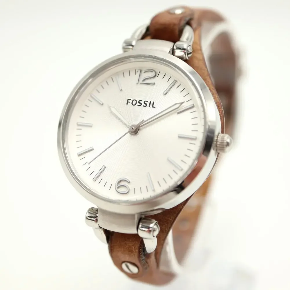 Fossil Georgia Silver Tone Womens Watch 32mm Brown Leather ES3060 w New Battery